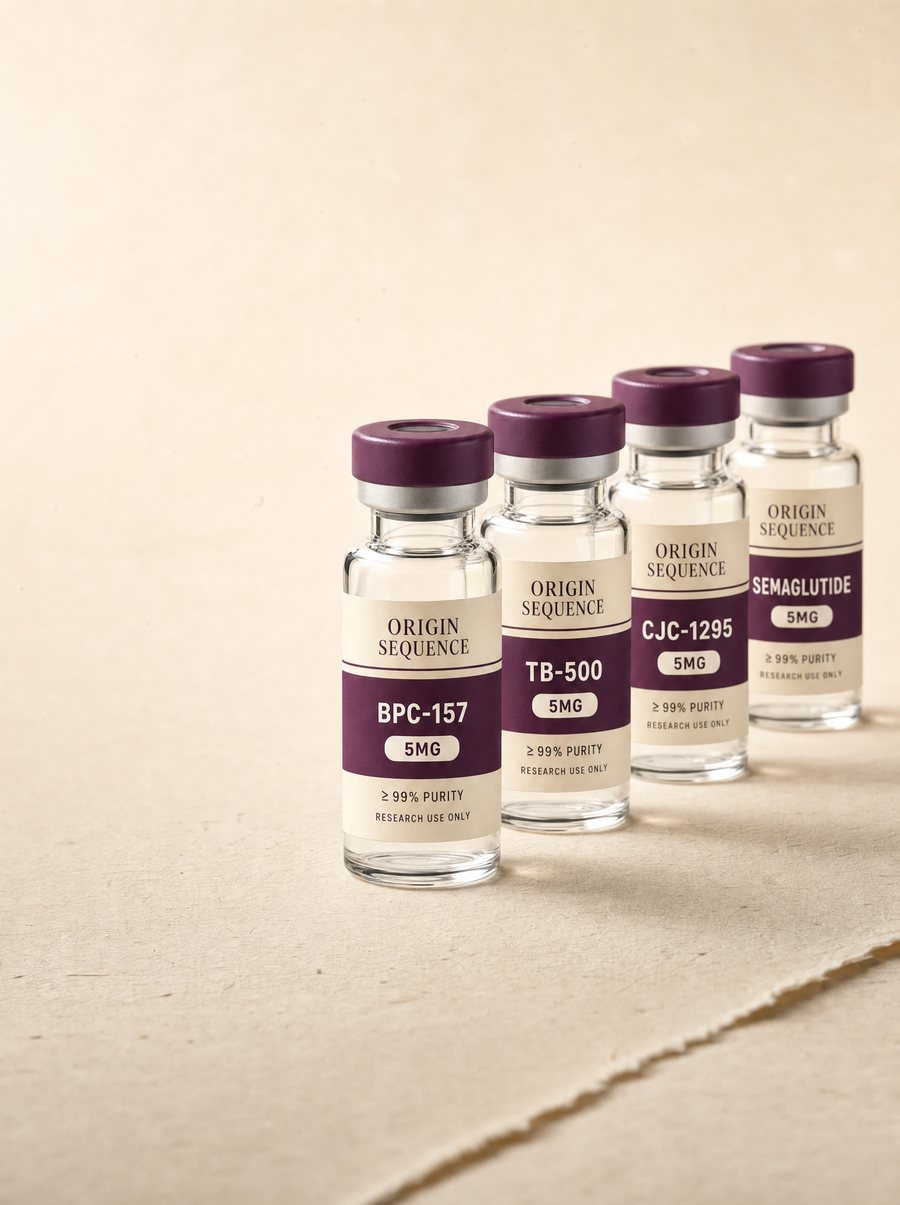 Origin Sequence research peptide vials — BPC-157, TB-500, CJC-1295, Semaglutide